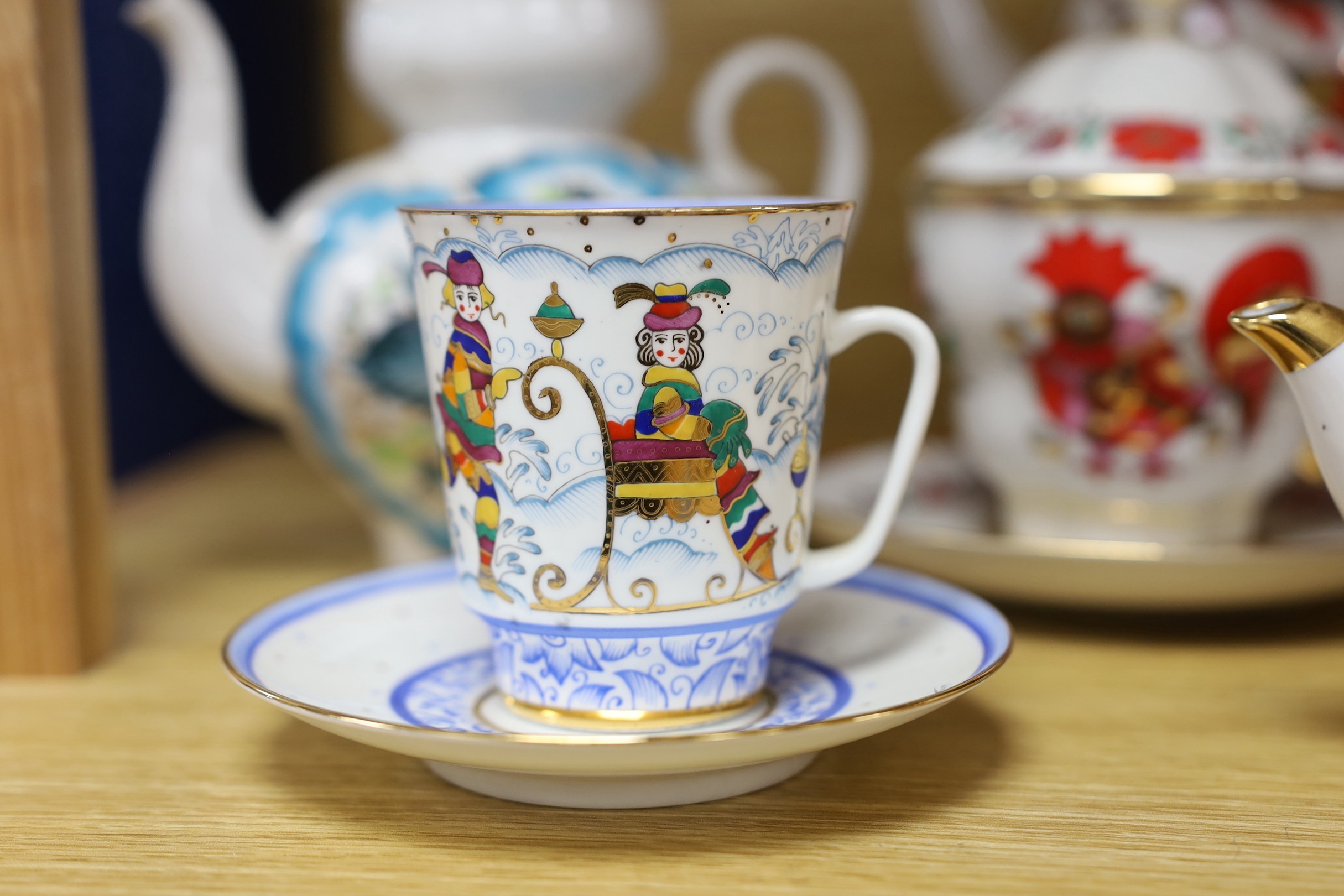 A group Russian Lomonosov teawares, 1990s, largest teapot 21cm high